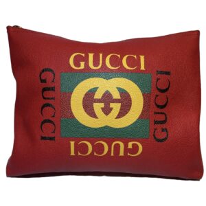 Gucci Logo Zip Printed Leather Medium Pouch - Red